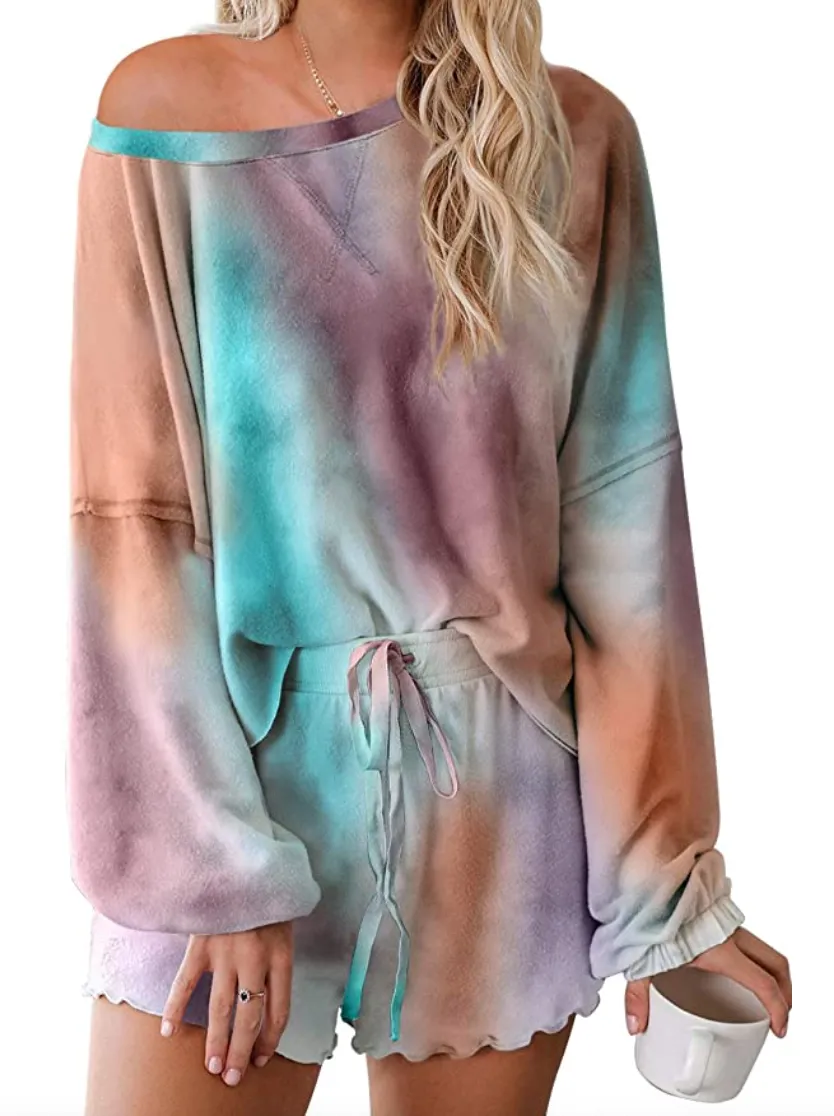 Asvivid Womens Tie Dye Printed Ruffle Short Pajamas Set (M Multi)