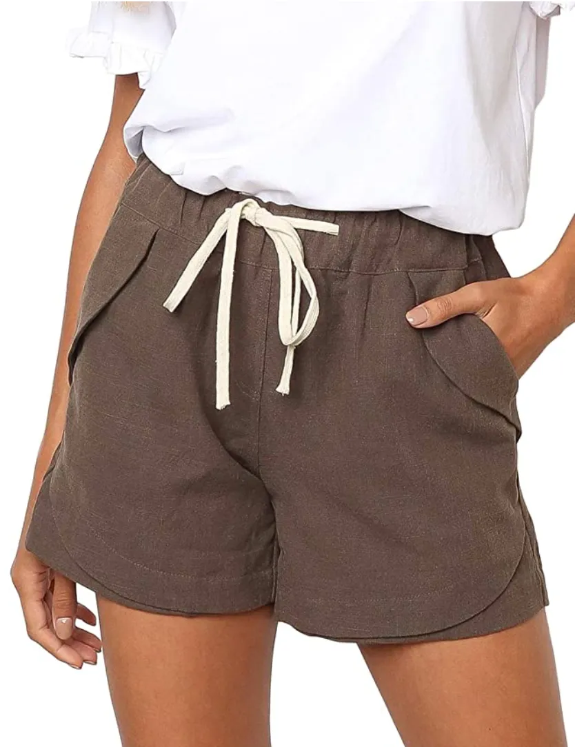 BLENCOT Women's Drawstring Elastic Waist Beach Shorts (Khaki)
