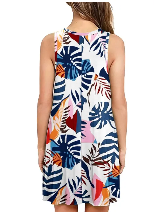 AUSELILY Women's Sleeveless Pockets Casual Swing T-Shirt Dresses (Blue Plantain)