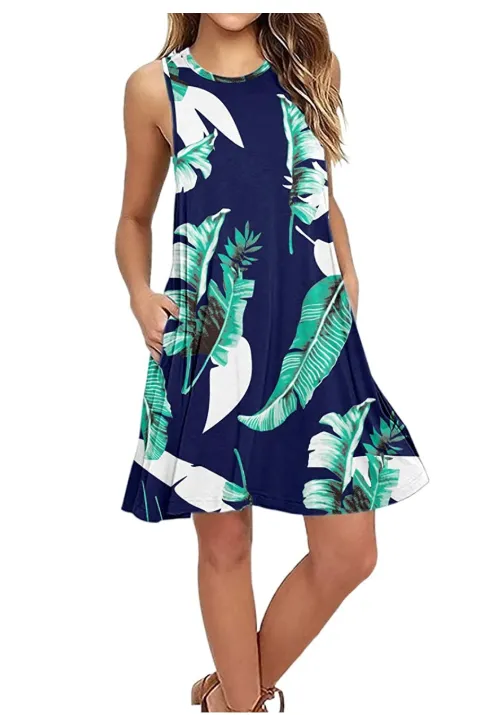 AUSELILY Women's Sleeveless Pockets Casual Swing T-Shirt Dresses (Print Blue)