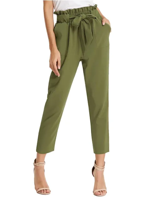 GRACE KARIN Women's Cropped Paper Bag Waist Pants with Pockets (Army Green)