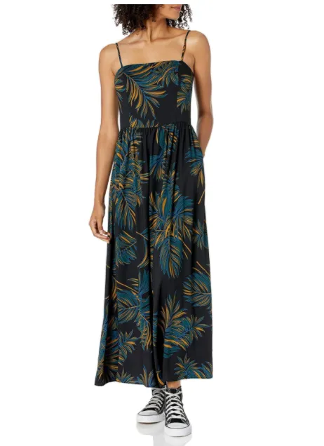 Goodthreads Women's Georgette Smock-Back Cami Maxi Dress (Black Palm Print)