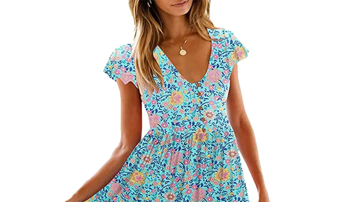 KIRUNDO Women’s 2020 Summer Short Sleeve V-Neck Mini Boho Sun Dress (Aqua)