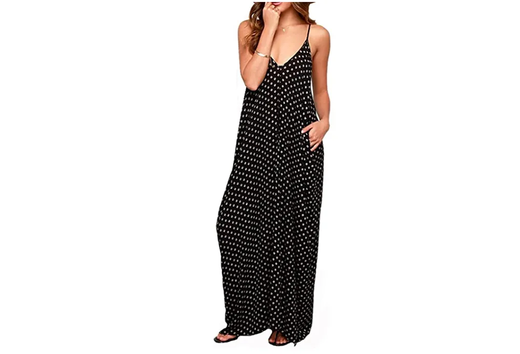 LILBETTER Women V-Neck Polka Dot Print Maxi Dress