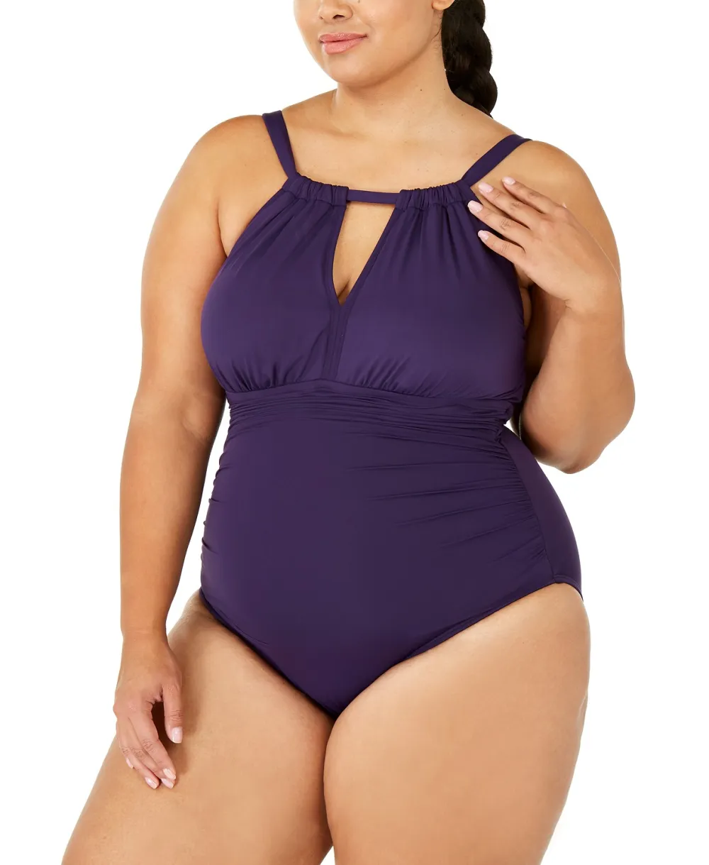 Lauren Ralph Lauren Plus Size Slimming Fit High-Neck Keyhole One-Piece Swimsuit