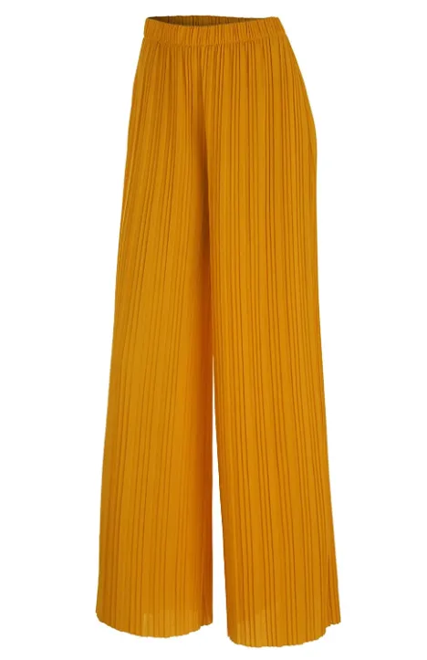 Made By Johnny Women's Premium Pleated Maxi Wide Leg Palazzo Pants (Mustard)