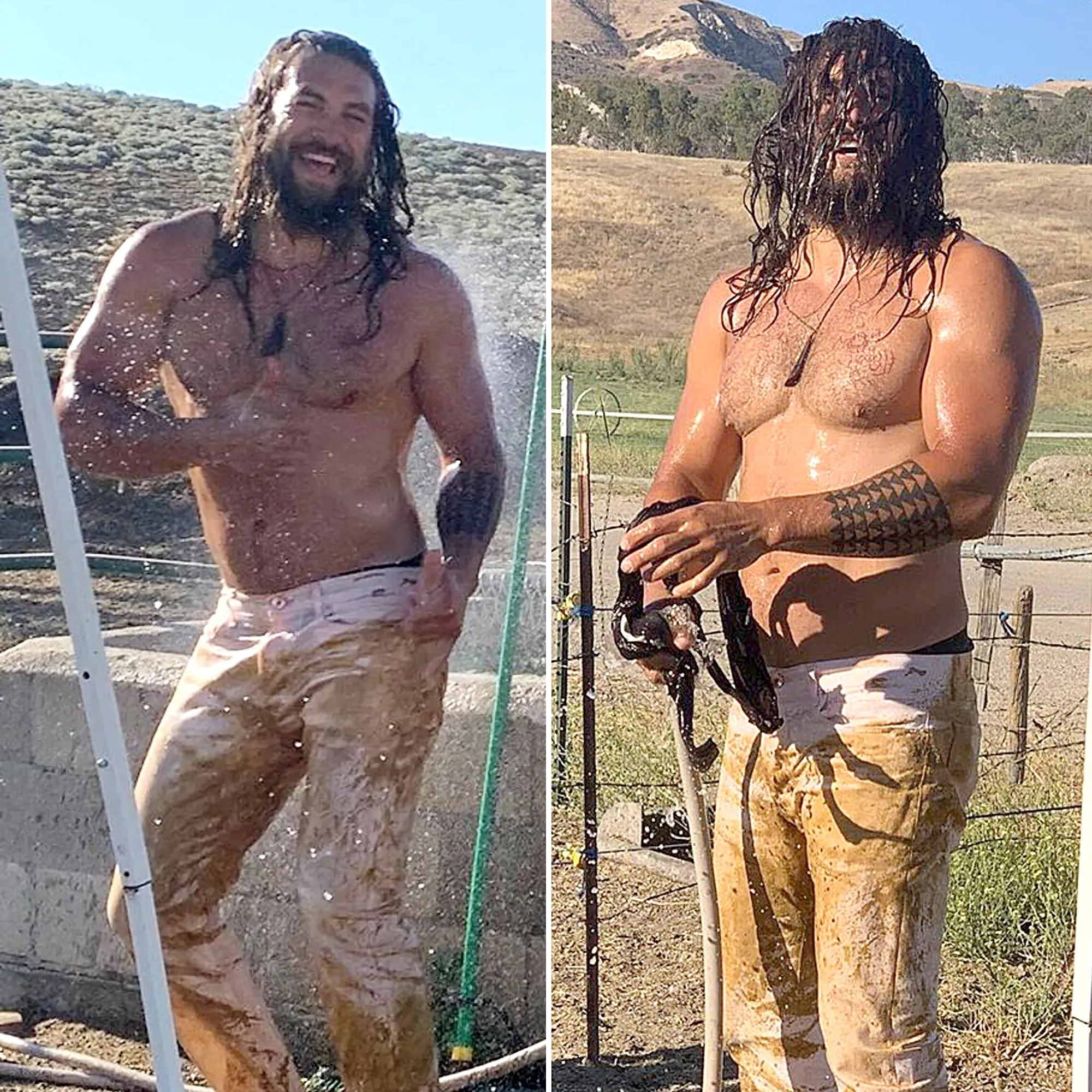Shirtless Jason Momoa Gets Hosed Down After Muddy Dune Buggy Ride