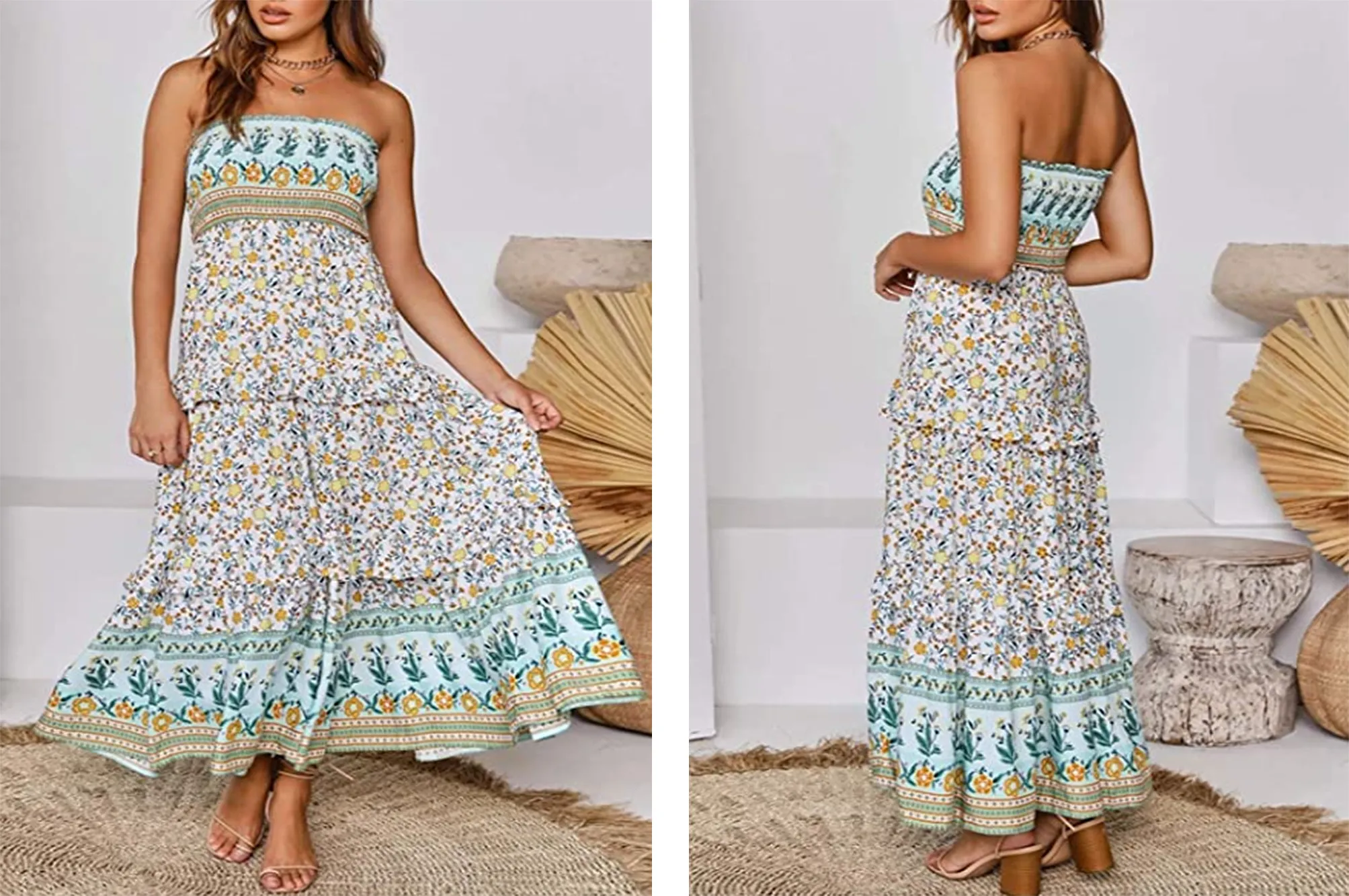 ZESICA Women's Summer Bohemian Floral Printed Strapless Maxi Dress