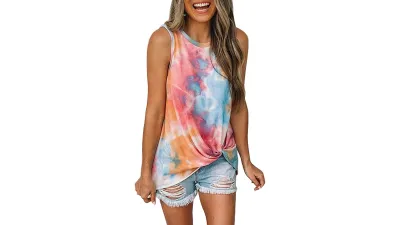 Biucly Round Neck Sleeveless Tie-dye Gradient Tank Top