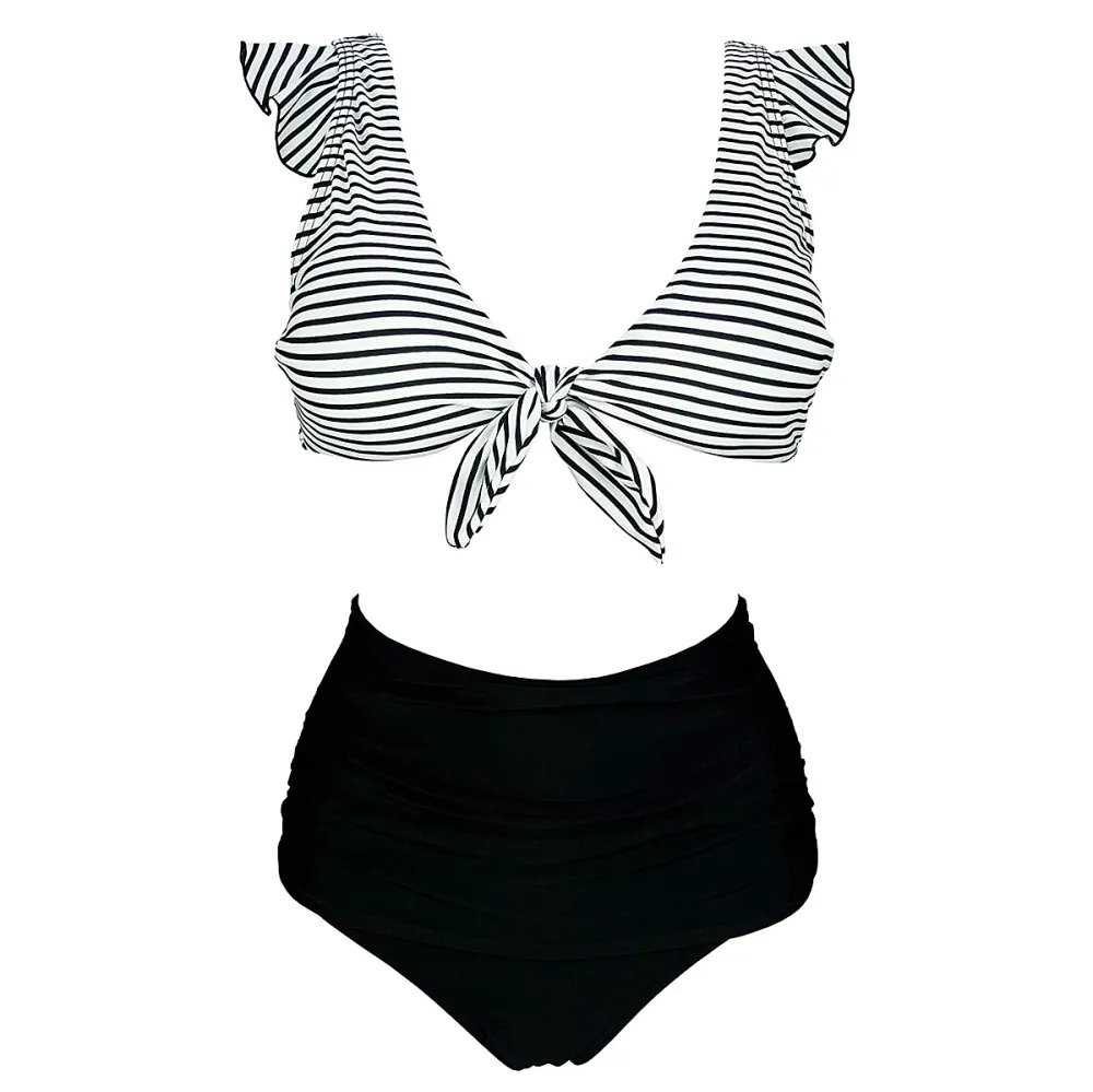 COCOSHIP Retro High Waisted Shirred Bikini Set