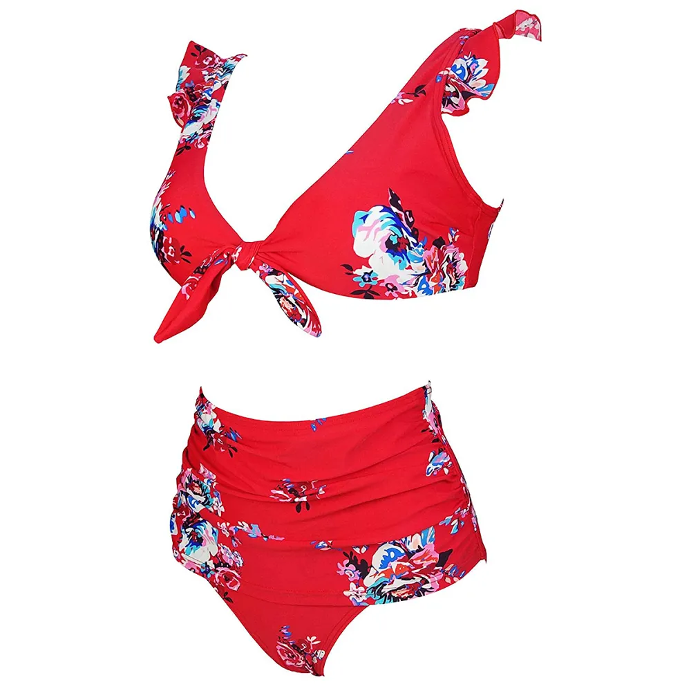 COCOSHIP Retro High Waisted Shirred Bikini Set