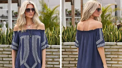 GOSOPIN Bohemian Vibe Geometric Print Off The Shoulder Beach Dress