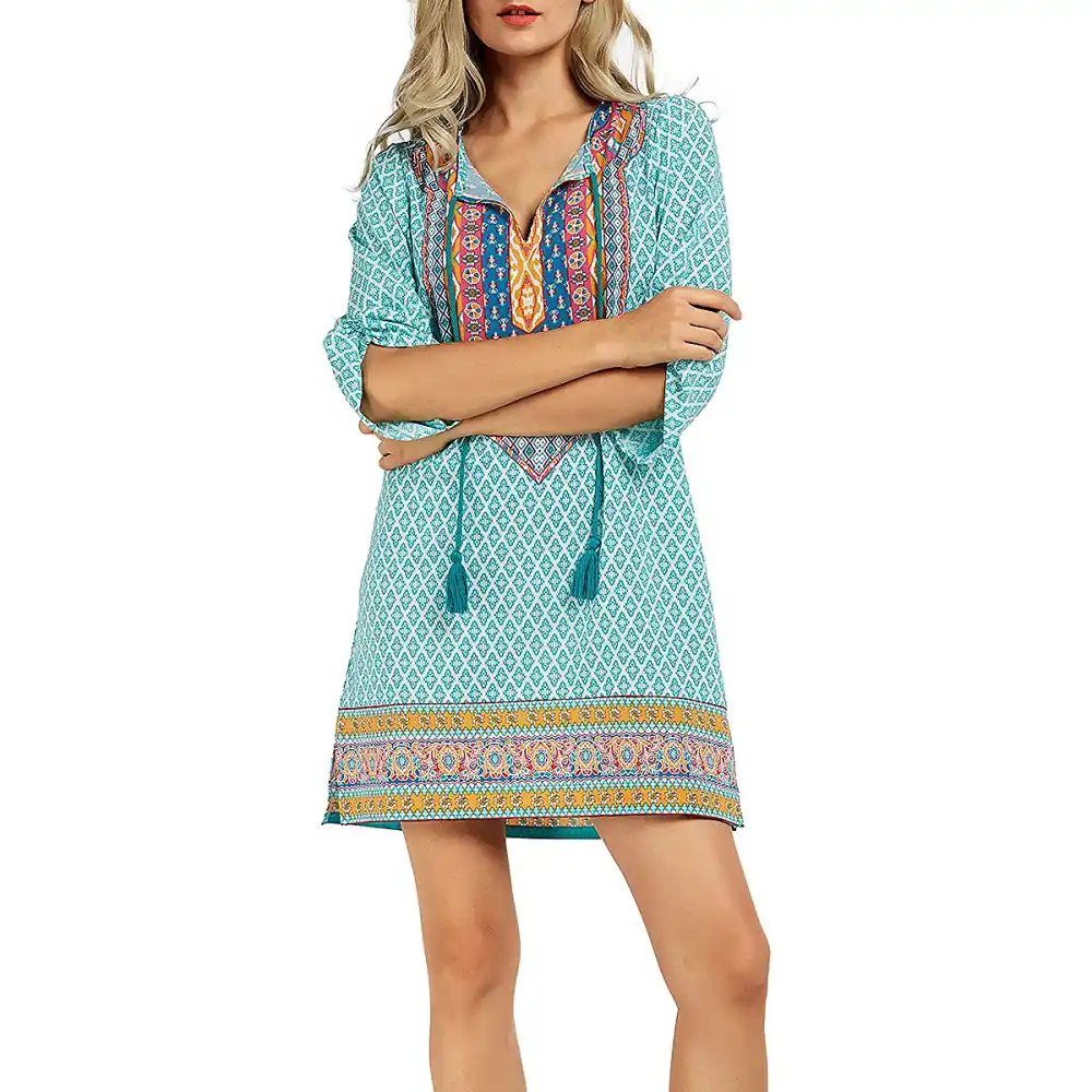 Urban CoCo Bohemian Neck Tie Vintage Printed Summer Shift Dress