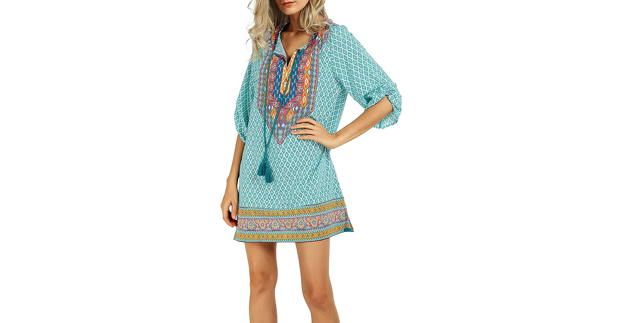 Urban CoCo Bohemian Neck Tie Vintage Printed Summer Shift Dress