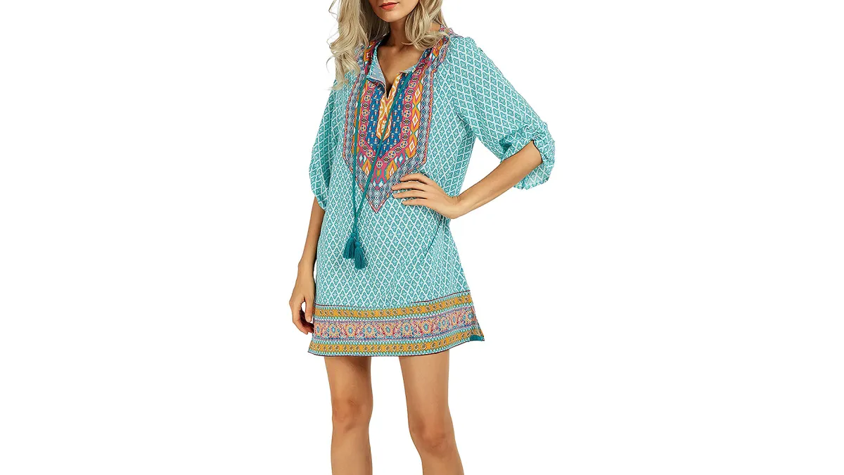 Urban CoCo Bohemian Neck Tie Vintage Printed Summer Shift Dress