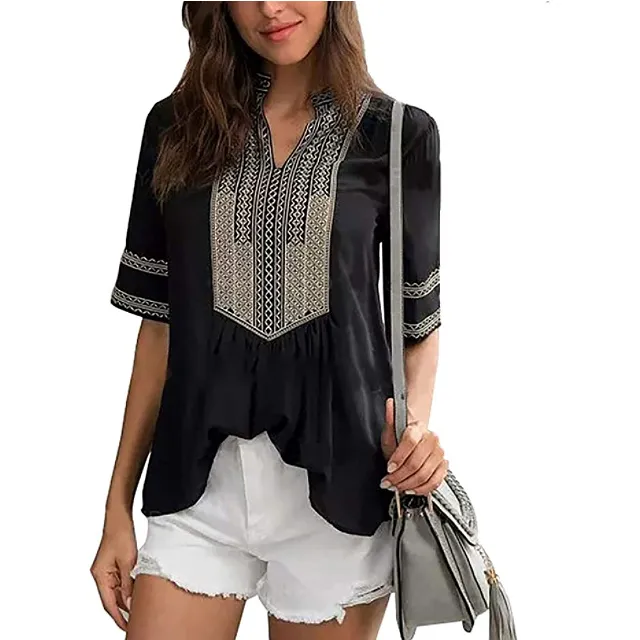 AK Women's Summer V Neck Boho Embroidered Shirt (Black)