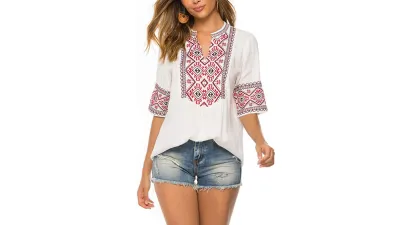 AK Women's Summer V Neck Boho Embroidered Mexican Shirt