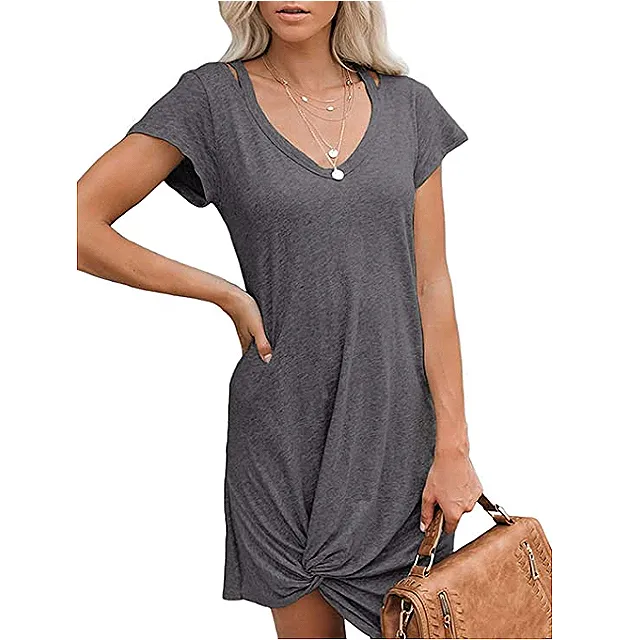 Berryou Women's Casual Short Sleeve V Neck Front Knot Twist Tie T Shirt Dress (Deep Grey)