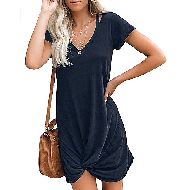 Berryou Women's Casual Short Sleeve V Neck Front Knot Twist Tie T Shirt Dress (Navy)