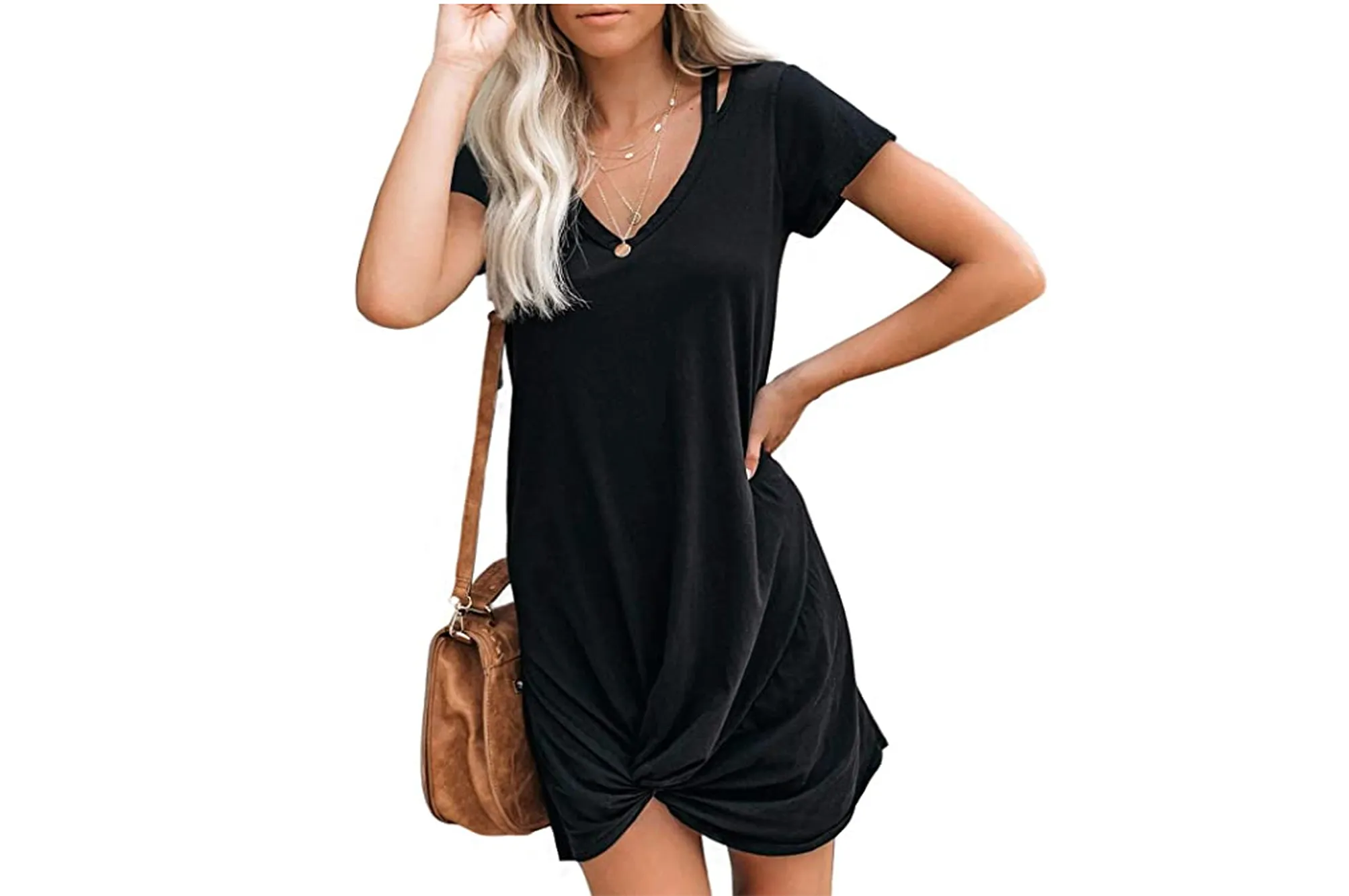 Berryou Women's Casual Short Sleeve V Neck Front Knot Twist Tie T Shirt Dress