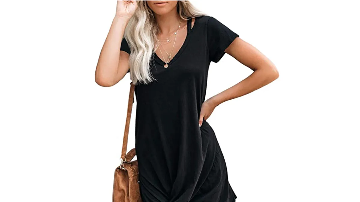 Berryou Women's Casual Short Sleeve V Neck Front Knot Twist Tie T Shirt Dress