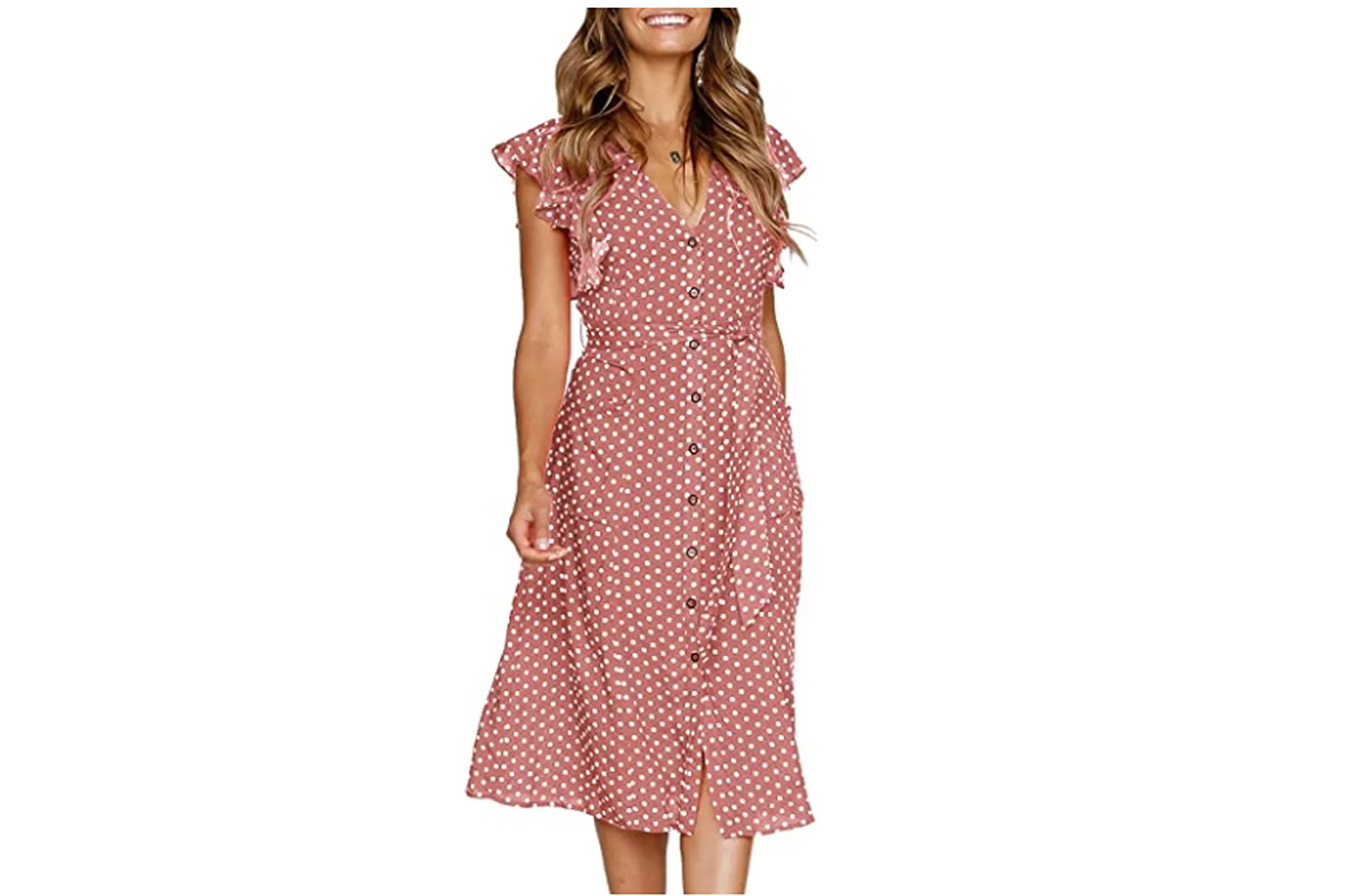 MITILLY Women's Summer Boho Polka Dot Sleeveless V Neck Swing Midi Dress