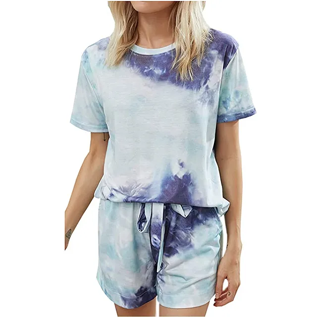 Theenkoln Women's Pajama Tie Dye Short Sleeve Shorts Set (Light Green)