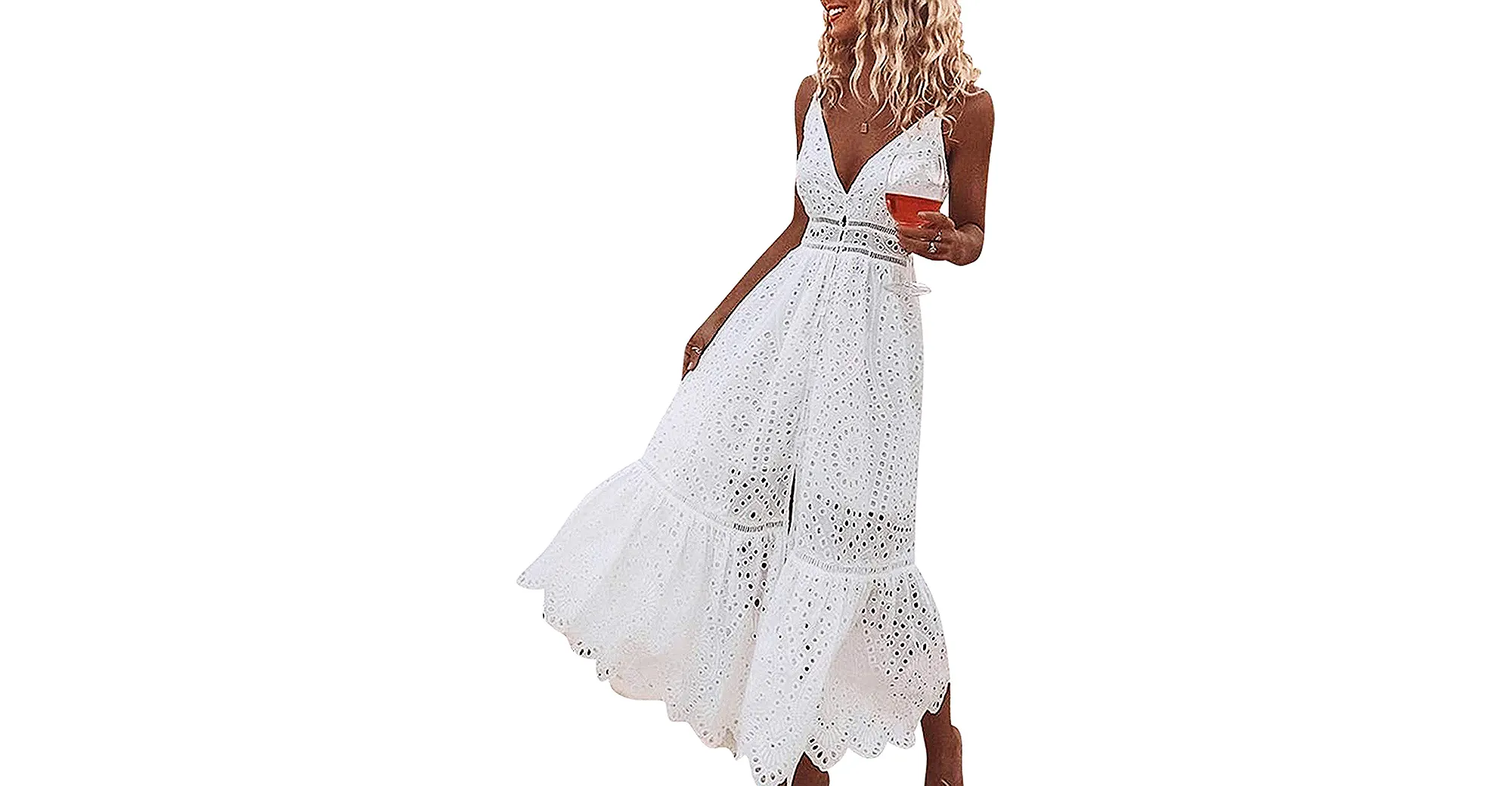 BerryGo Embroidery Pearl Button V Neck Spaghetti Strap Maxi Dress