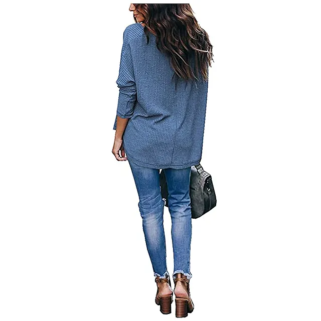 iGENJUN Women's Casual V-Neck Off-Shoulder Batwing Sleeve Pullover Sweater Top (Blue)