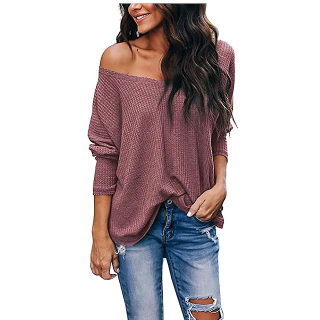 iGENJUN Women's Casual V-Neck Off-Shoulder Batwing Sleeve Pullover Sweater Top (Brick Red)