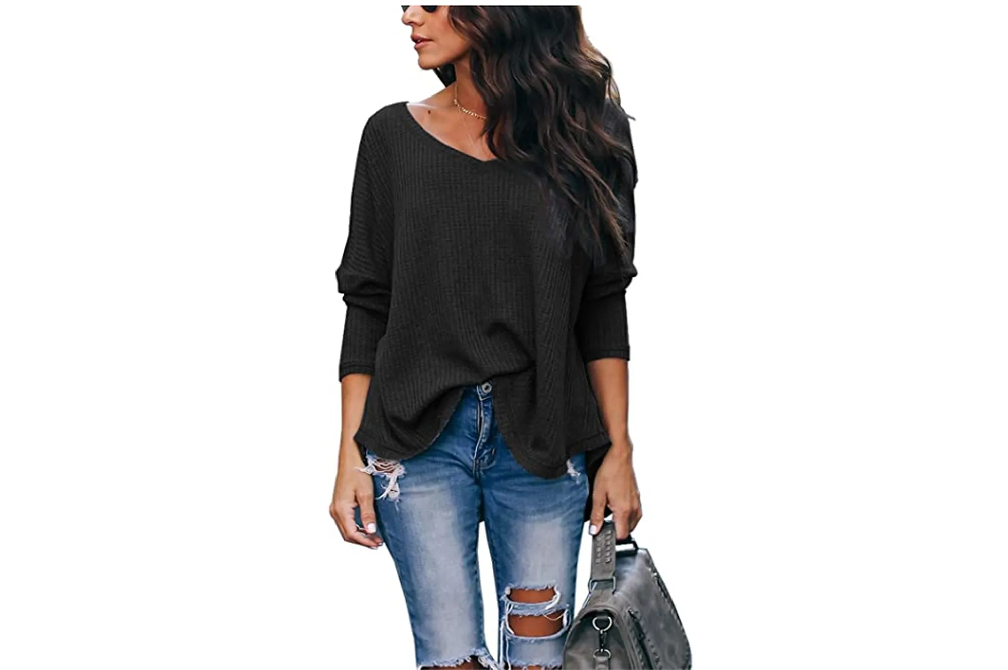 iGENJUN Women's Casual V-Neck Off-Shoulder Batwing Sleeve Pullover Sweater Top