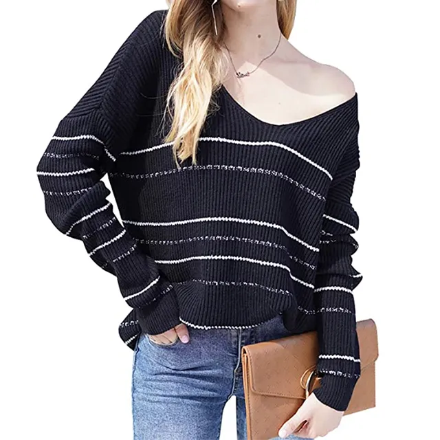 BTFBM Women's Casual Striped Print Slouchy Sweater (Black)