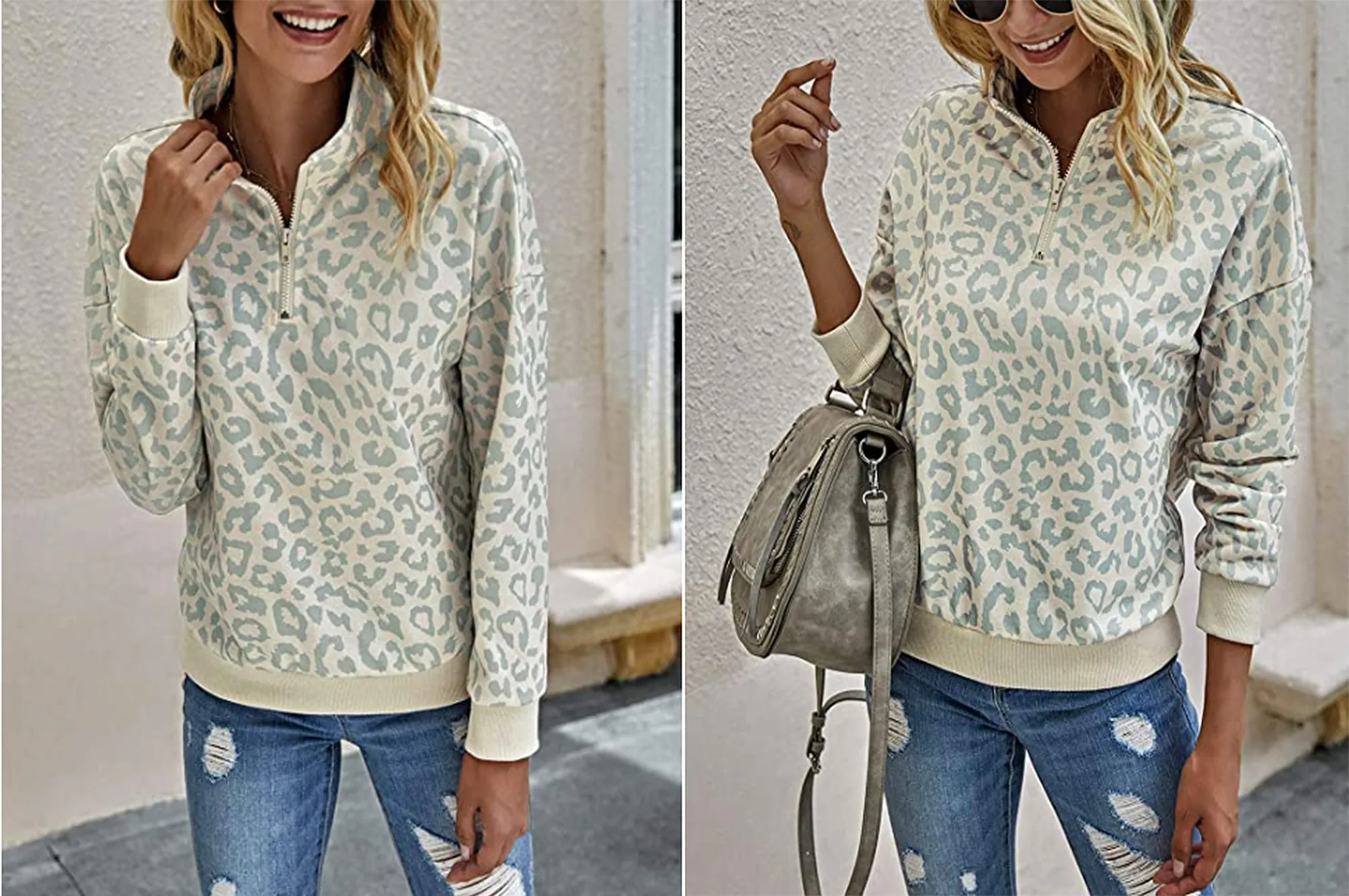 BTFBM Women's Leopard Print Long Sleeve Comfy Zip Up Pullover