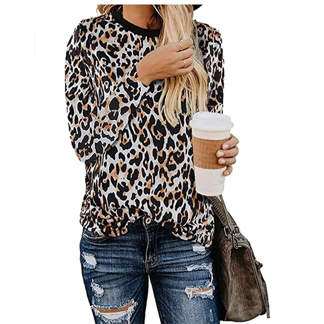 BTFBM Women's Leopard Print Long Sleeve Crew Neck Fit Casual Sweatshirt