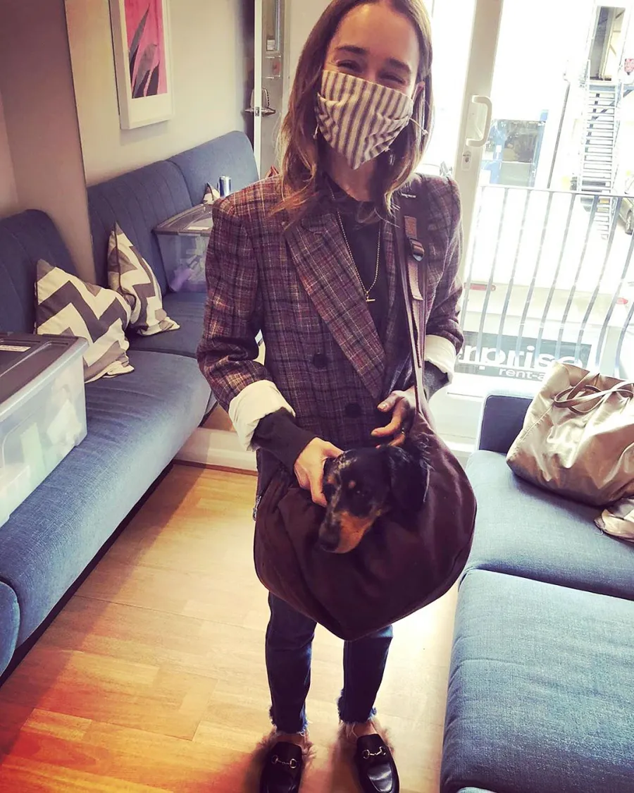 Emilia Clarke Carrying Her Dog in a Bag and Wearing a Face Mask During the Coronavirus Outbreak