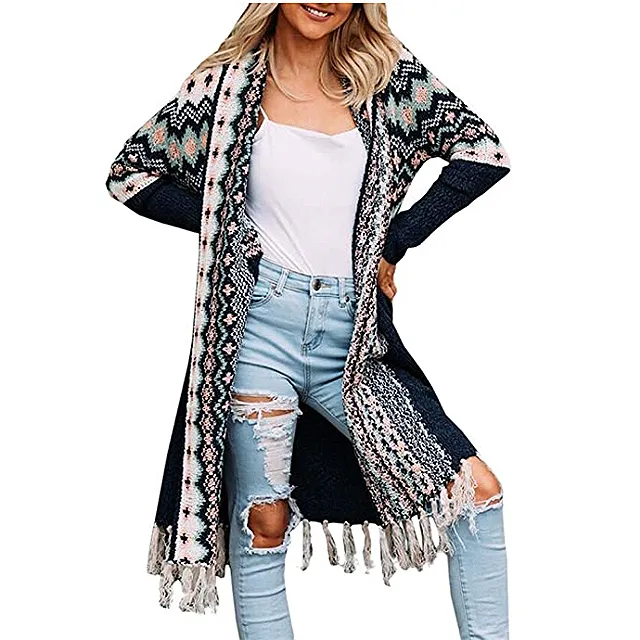 Ferbia Women Boho Maxi Knit Open Front Sweater