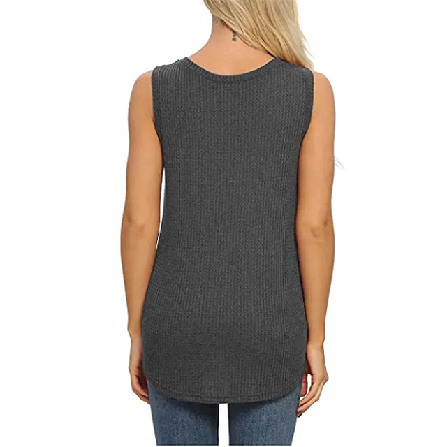 IWOLLENCE Women's Waffle Knit V Neck Tank Top (Dark Gray)