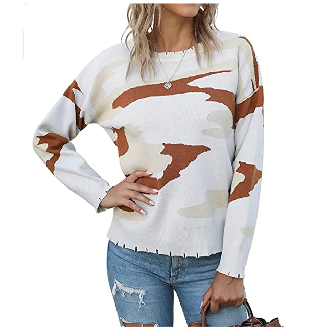 KIRUNDO 2020 Women&rsquo;s Winter Camouflage Printed Knitted Sweater (Apricot)