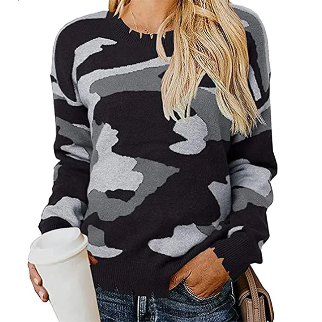 KIRUNDO 2020 Women&rsquo;s Winter Camouflage Printed Knitted Sweater (Black)
