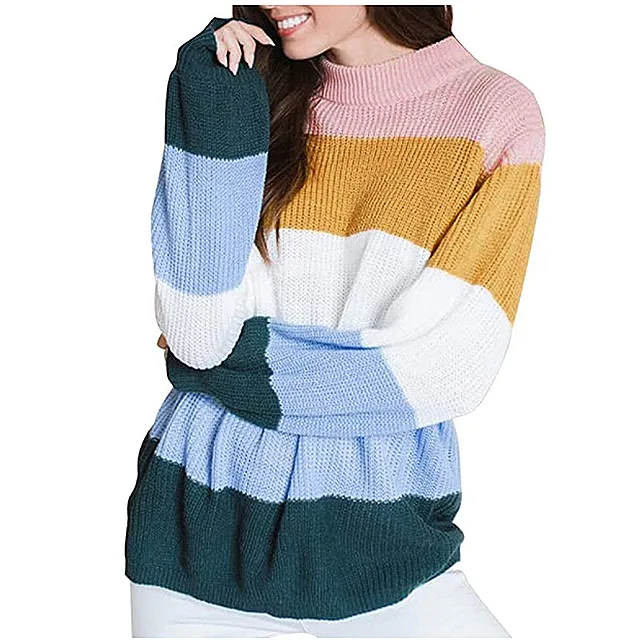 MEROKEETY Women's Crew Neck Long Sleeve Color Block Knit Sweater 2