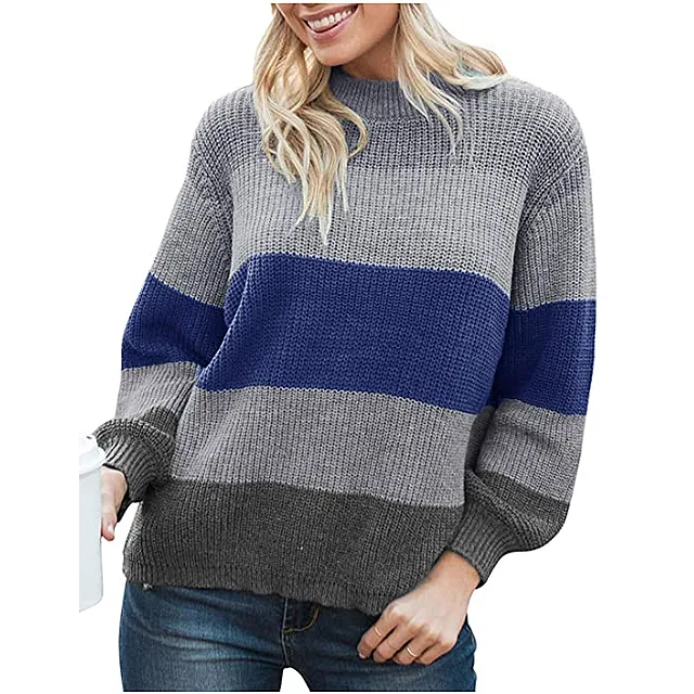 MEROKEETY Women's Crew Neck Long Sleeve Color Block Knit Sweater
