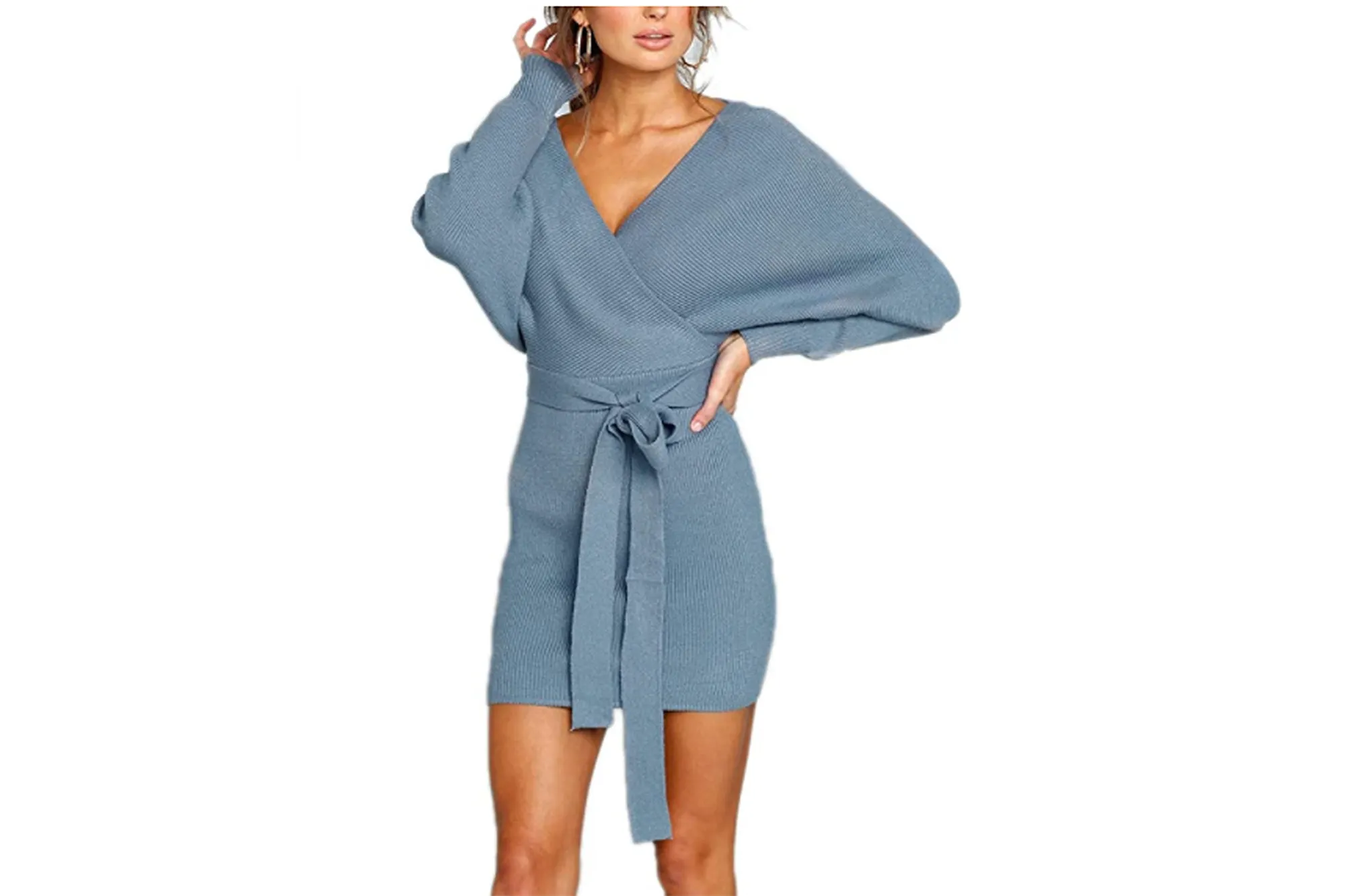 Mansy Women's Sexy Cocktail Batwing Long Sleeve Backless Knit Sweater Mini Dress