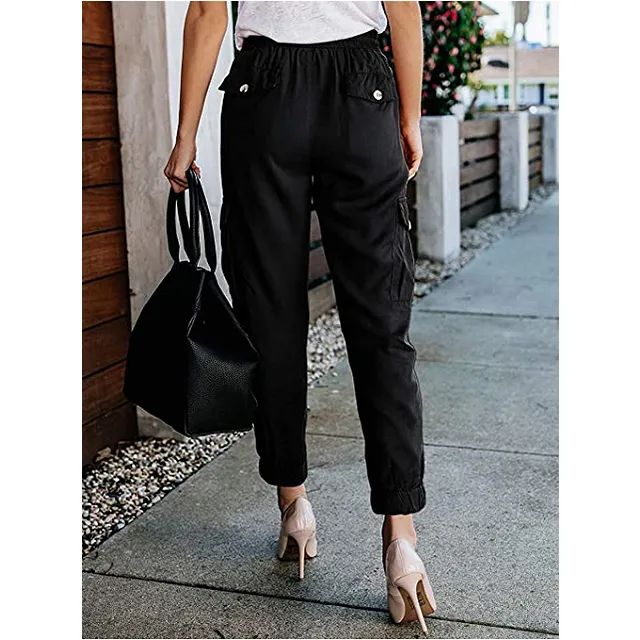 Meilidress Women's Elastic Waist Cargo Casual Drawstring Jogger Trousers (Black)