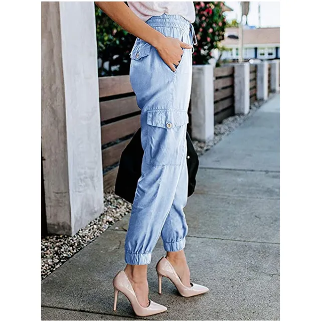 Meilidress Women's Elastic Waist Cargo Casual Drawstring Jogger Trousers (Light Blue)