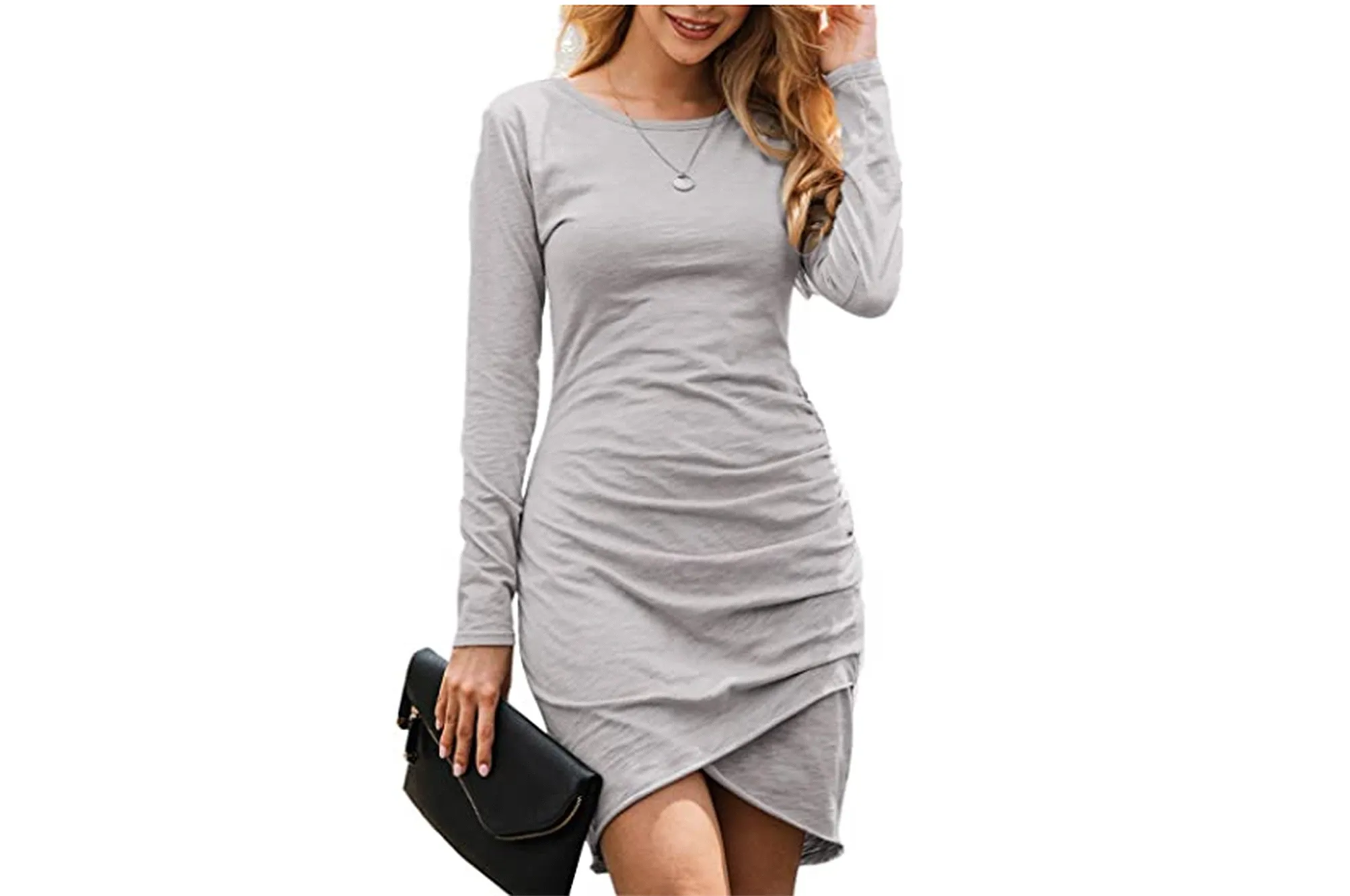 NSQTBA Womens Dresses Long Sleeve Round Neck Casual Bodycon Mini Dress