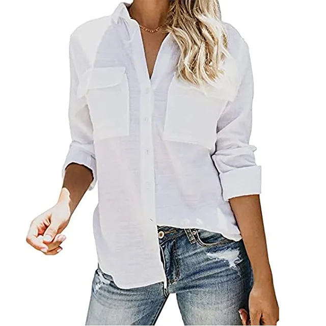 Niitawm Womens V Neck Button Down Short Sleeve Casual Blouse