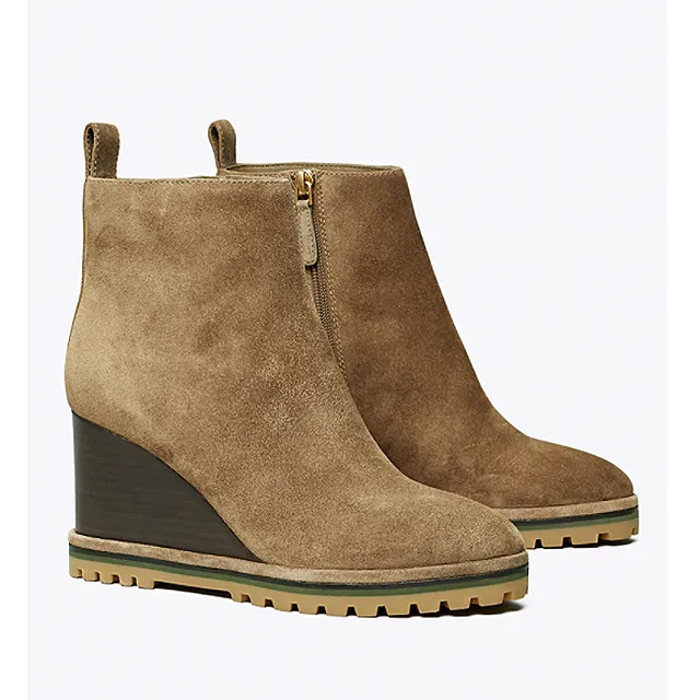 Suede Logo Lug Sole Wedge Bootie