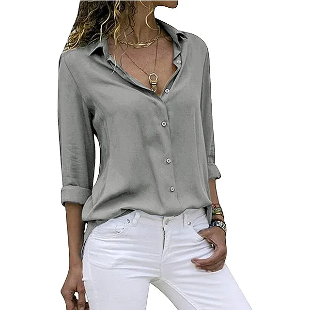 Yidarton Women's Long Sleeve V Neck Chiffon Blouse (Greenish Gray)