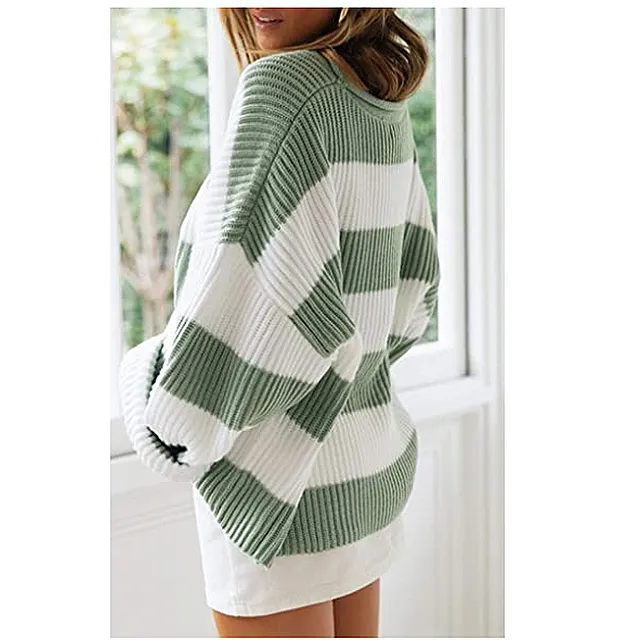 ZESICA Women's Long Sleeve Crew Neck Striped Color Block Oversized Knitted Sweater (Green)