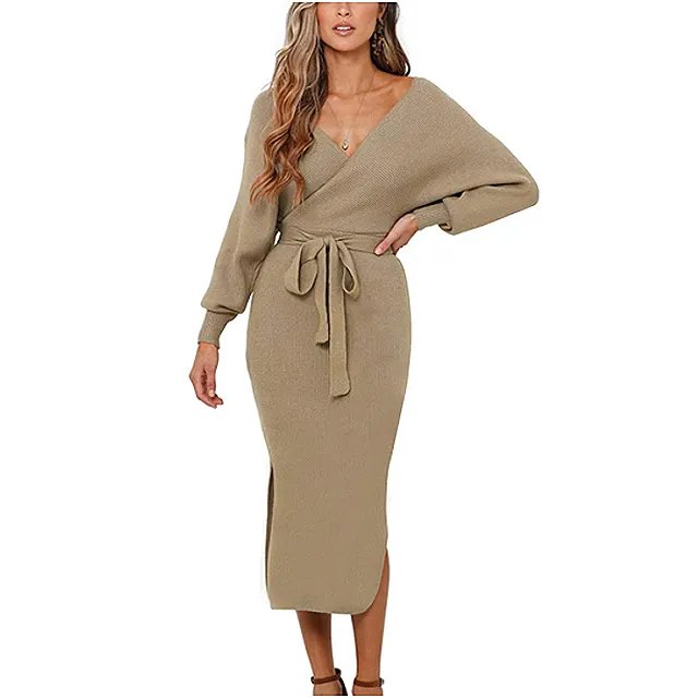 ZHPUAT Women&rsquo;s Sweater Long Batwing Bodycon Dress (Khaki)